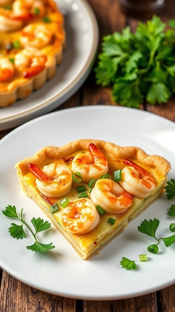 A slice of shrimp quiche with flaky crust and filling of shrimp and cheese, garnished with parsley on a wooden table.